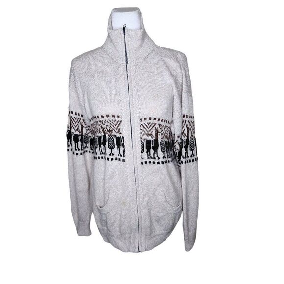 Vintage 80s Artesanias Peru Alpaca Zip Up Cardigan Sweater Womens Size L Brown - Picture 1 of 8